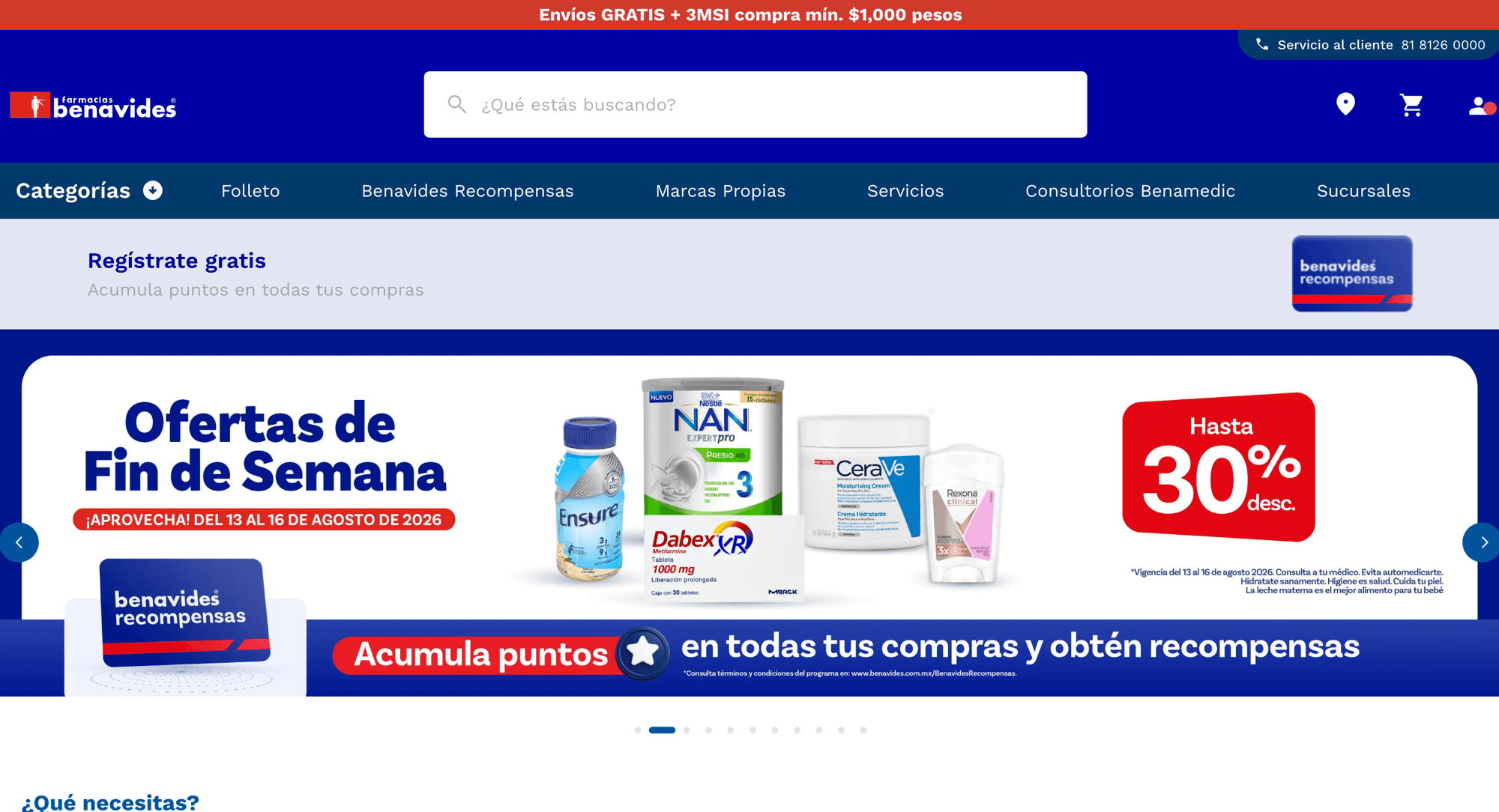Página de inicio de Farmacias Benavides con el cintillo rojo superior y el carrusel principal.