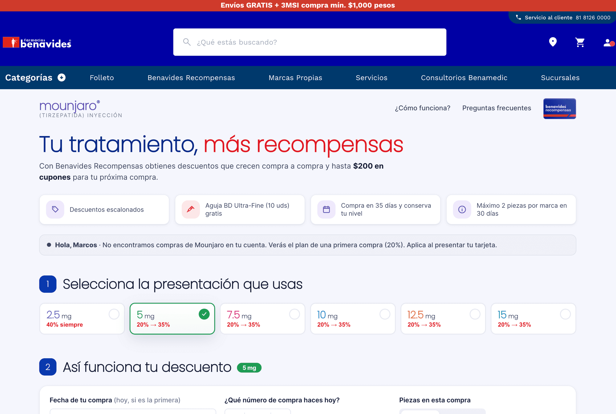 Landing de Mounjaro con calculadora de descuentos escalonados, selector de presentación y bloques informativos.