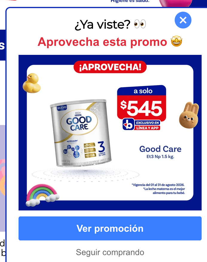 Pop-up de promoción sobre el sitio, con imagen de producto y botón «Ver promoción».